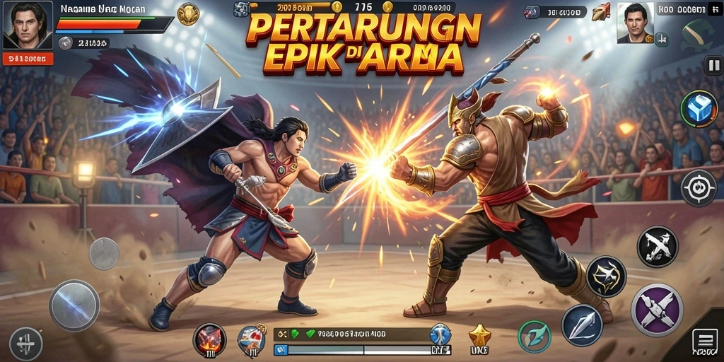 Screenshot menampilkan pertarungan intens dengan efek visual yang memukau.