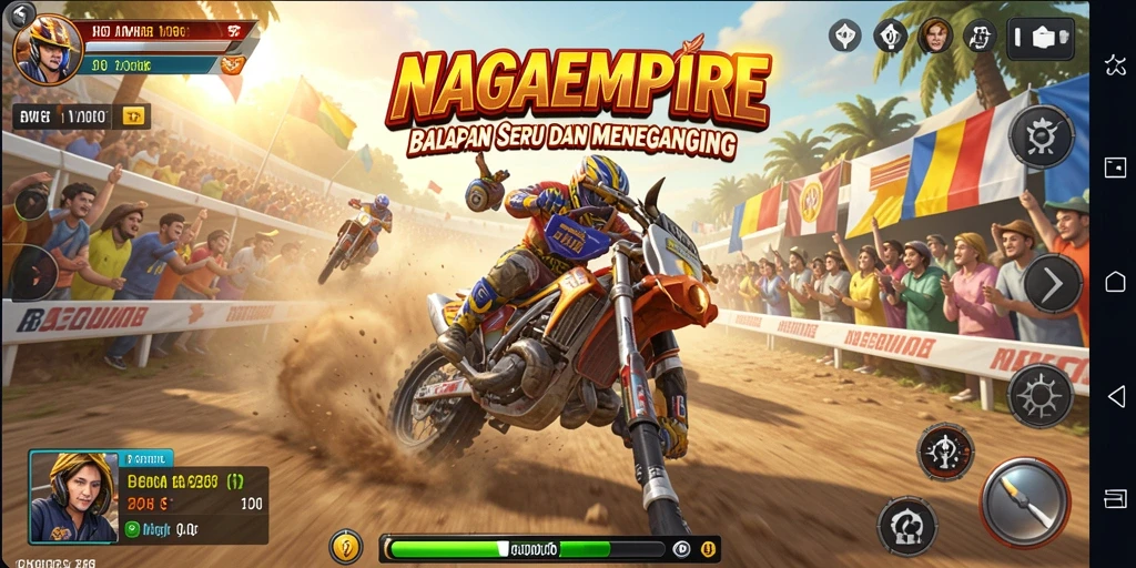 Skrinsut gameplay NAGAEMPIRE menampilkan aksi balapan yang menegangkan.