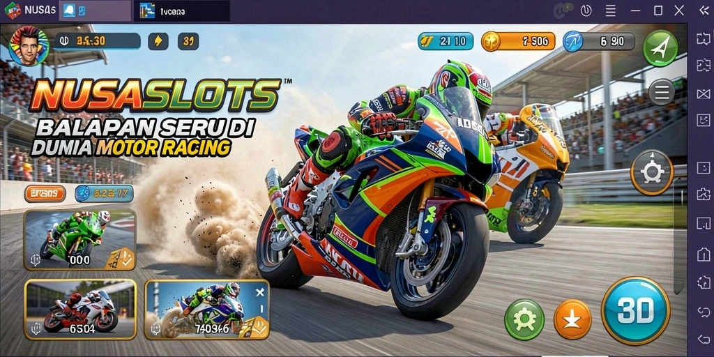 Screenshot utama NUSASLOTS menampilkan aksi balapan motor yang mendebarkan.
