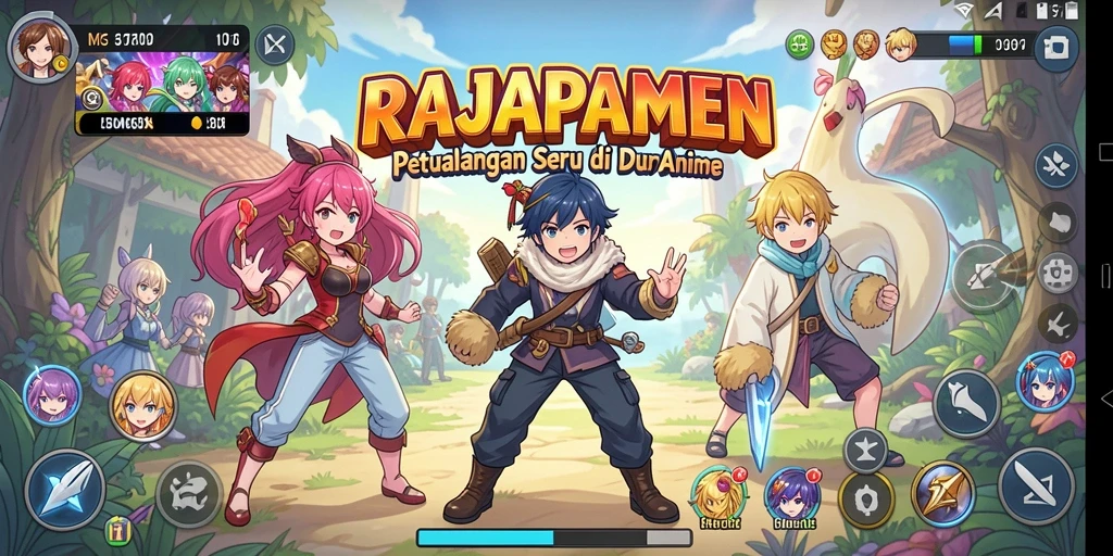 Tampilan gameplay RAJAPAMEN dengan karakter anime yang menarik.