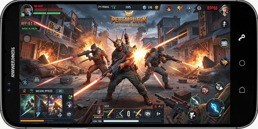 Screenshot utama RP66 menampilkan aksi Battle Royale yang mendebarkan.
