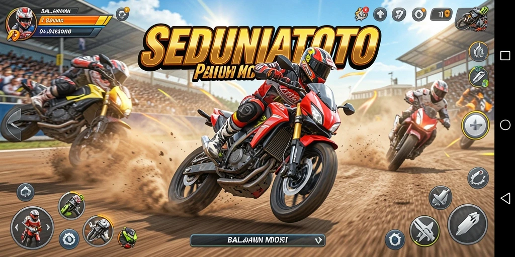 Tampilan utama gameplay SEDUNIATOTO dengan balapan motor yang seru.