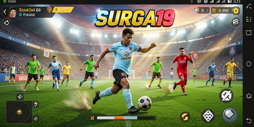 Tangkapan layar dari gameplay SURGA19 dengan aksi sepak bola seru.