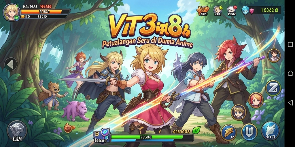 Screenshot permainan VT38 menampilkan karakter Anime dalam pertempuran.